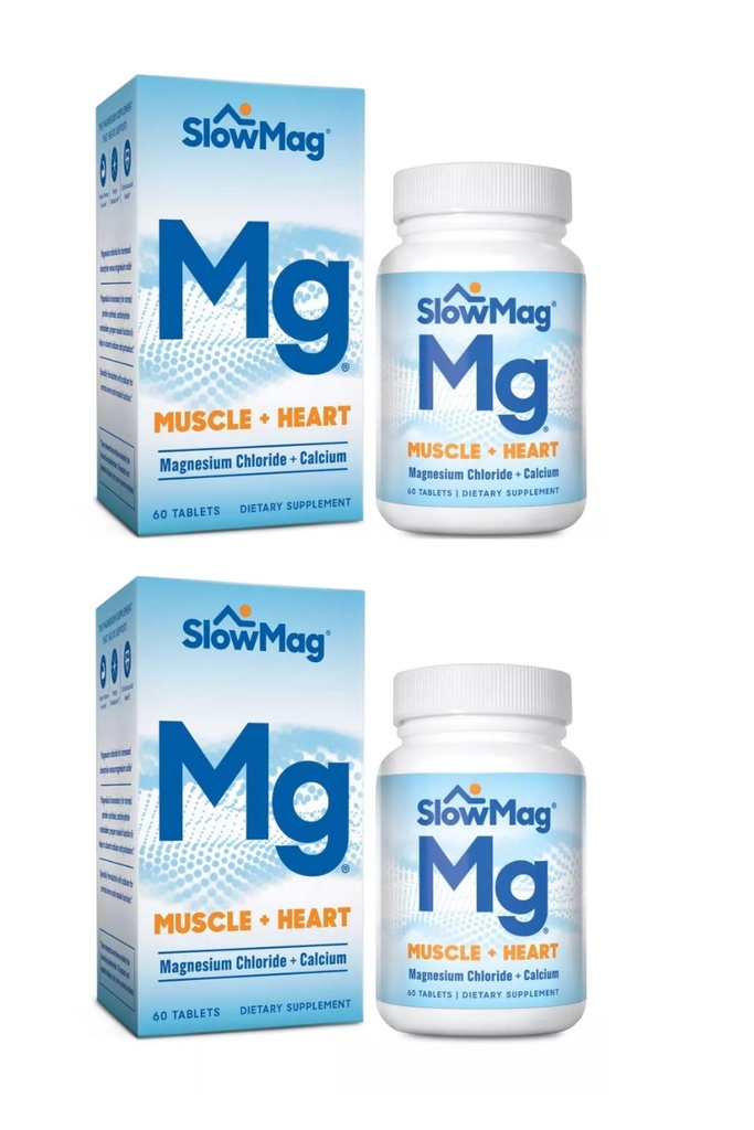 SlowMag Mg μυών + καρδιά, υποστηρίζει τη μυϊκή χαλάρωση και την υγεία της καρδιάς. Χλωριούχο μαγνήσιο + Ασβέστιο, Δισκία αργής αποδέσμευσης, Εύκολο στην απορρόφηση και απαλό στο στομάχι. 60 κόμης (πακέτο των 2)