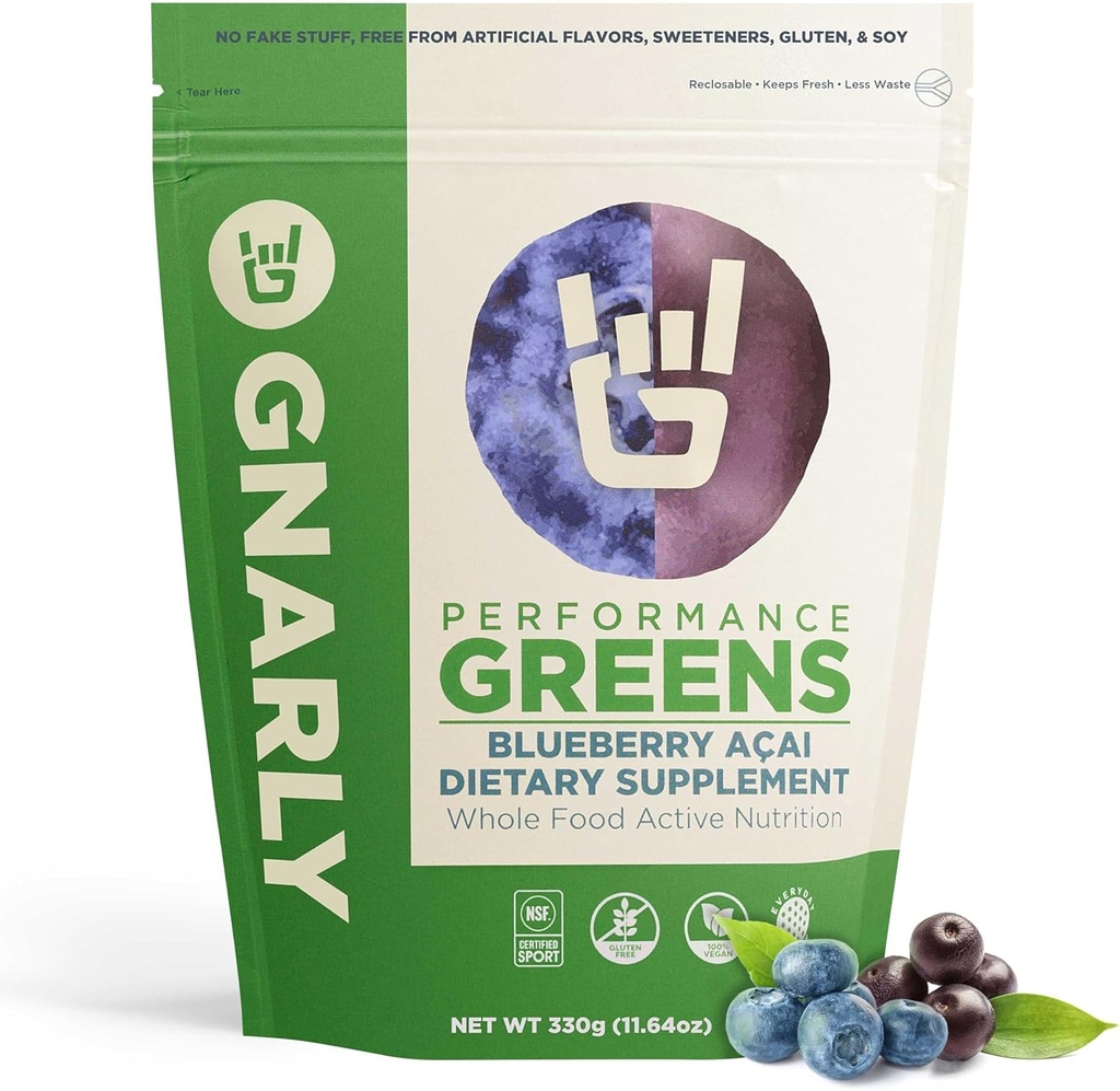 Gnarly Nutrition Greens Superfood Powder – Blueberry Acai Performance Super Greens Powder – NSF Sport Certified – Βιολογικά, Προβιοτικά & Απαραίτητα Μικροθρεπτικά συστατικά - Blueberry Acai, 11.64 oz