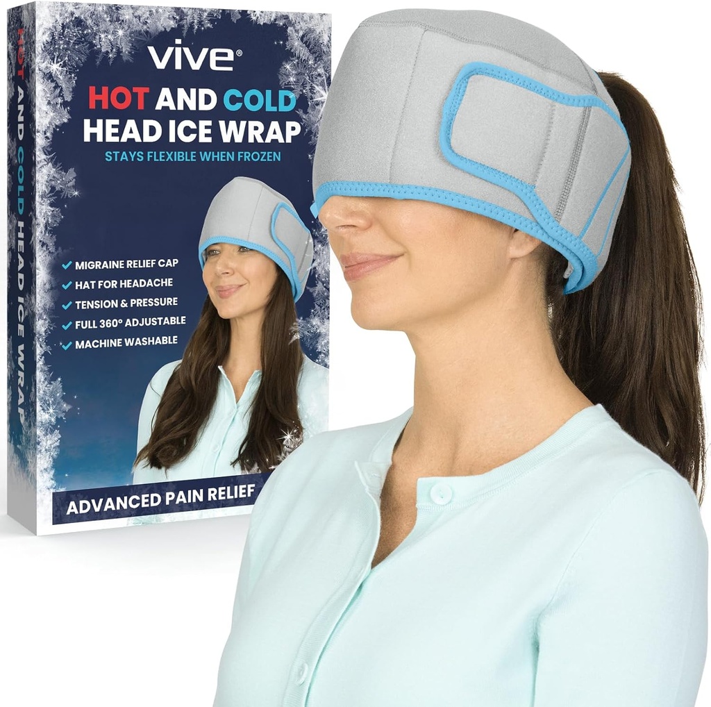 Vive Migraine Relief Cap - Hot & Cold Compression Hat for Headache - Full Head Ice Wrap Beanie & Eye Mask for Tension & Pressure Relief - Cooling Headband - Reusable & Flexible Soft Gel Packs