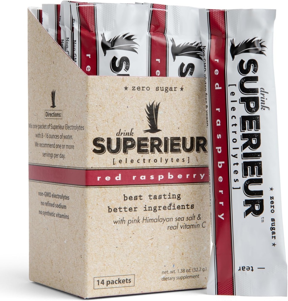 Superieur Electrolyte Powder Packets - Vegan Electrolyte Hydration Powder w/Sea Minerals - Keto Friendly, Non-GMO, Zero Sugar Electrolyte Supplement - Healthy Sports Drink - Raspberry (14 Packets)