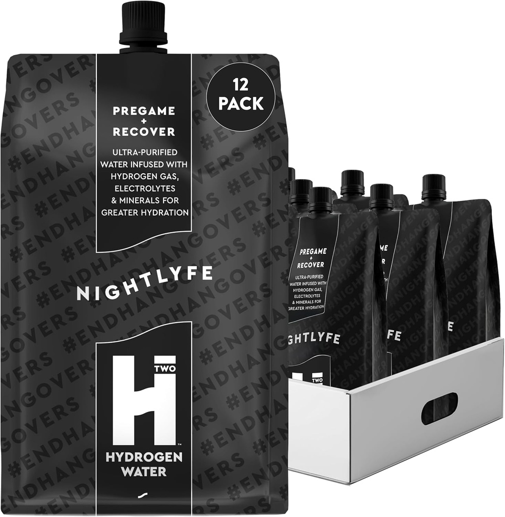 HTWO Nightlyfe Recovery, 16.9oz Premium Υδρογόνο Εμπλουτισμένο Νερό με Ηλεκτρολύτες, Βιταμίνες και Ορυκτά, 12-Pack, Λειτουργικά Πακέτα Ενυδάτωσης για Ανάκτηση & Διανοητική Καθαρότητα, Χωρίς Ζάχαρη