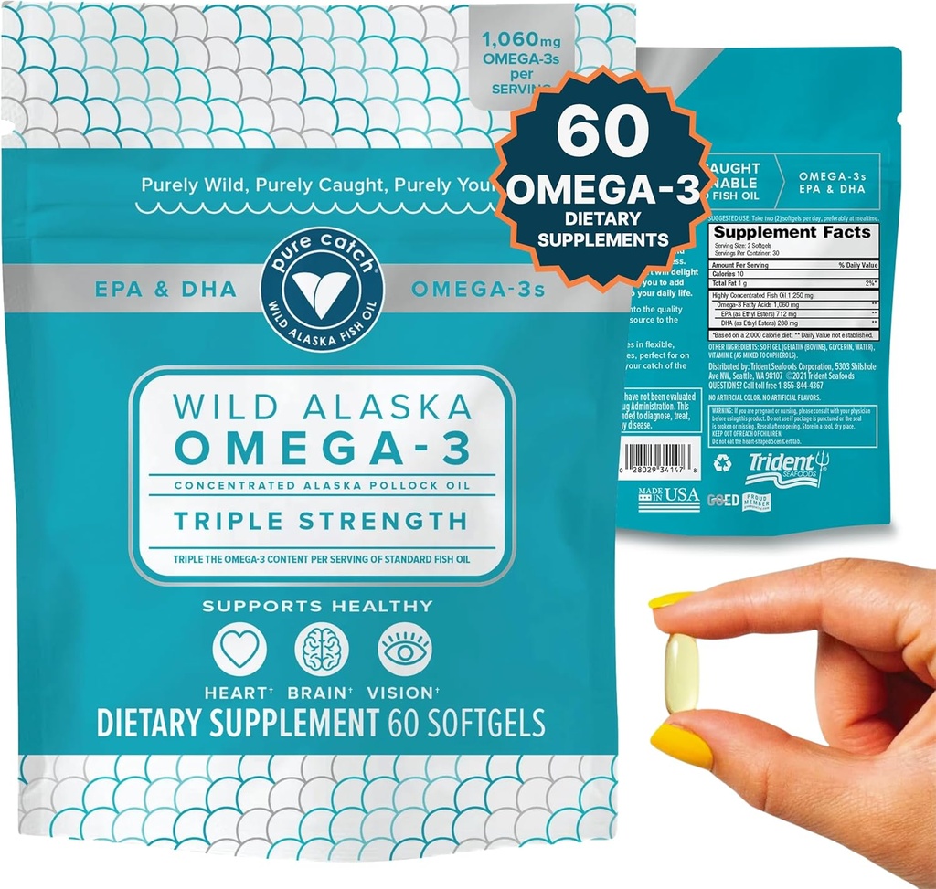 Trident Seafoods Pure Catch Wild Alaskan Fish Oil 1060mg Triple Strength Omega-3 Fish Oil Supplement for Women and Men - EPA and DHA - 60 Ct. Daily Citrus Soft Gel Υποστηρίζει την καρδιά, τον εγκέφαλο και το όραμα
