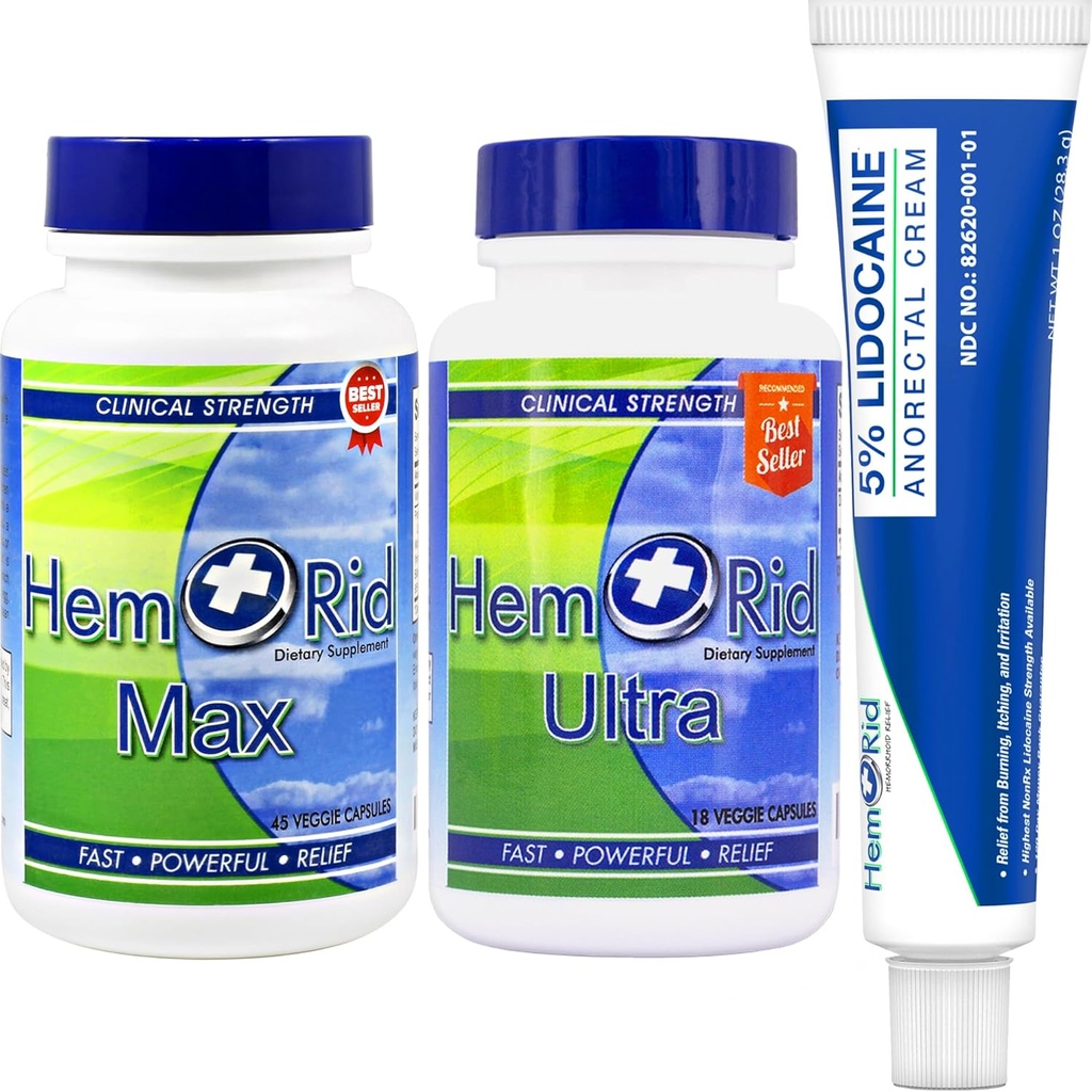 HemRid Complete Hemorrhoid Care System – Poent 5% Lidocaine Cream for Rapid Topical Comfort, Max Ultra Caps for Onving Vasular Health and Circulatory Support