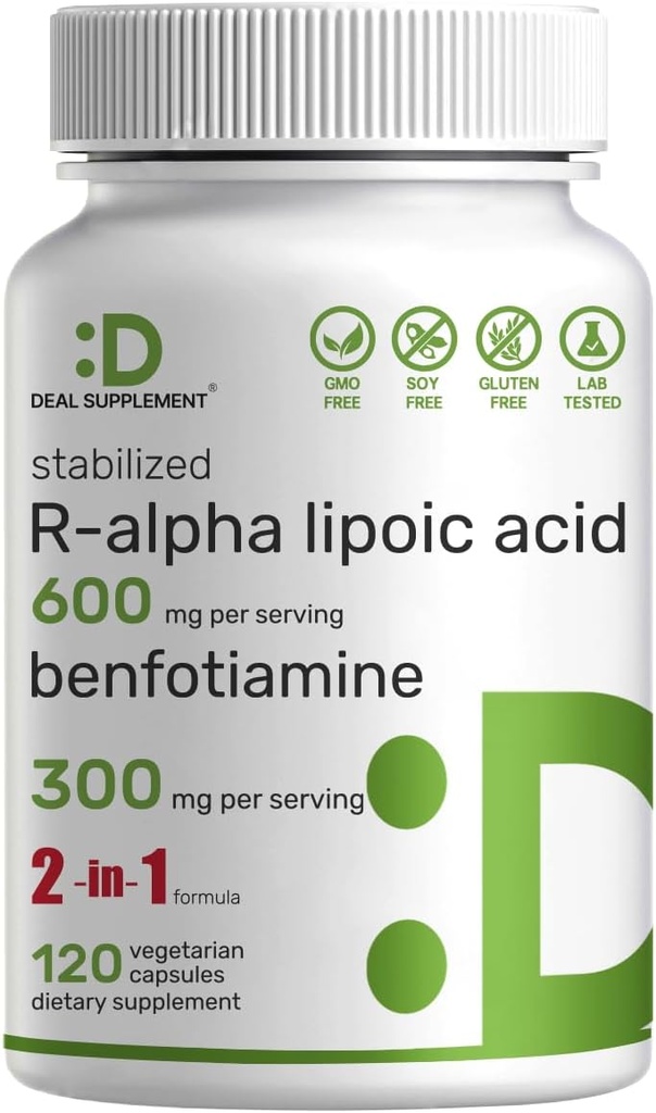 ΑΛΦΑΒΗΤΙΚΟ ΣΥΜΠΛΗΡΩΜΑ R Alpha Lipoic Acid 600mg με Benfotiamine 300mg ανά υπηρεσία, 120 κάψουλες Veggie – 200mg R-ALA ανά κάψουλα – Αντιοξειδωτικό συμπλήρωμα για την υποστήριξη της ενέργειας & του νευρικού συστήματος