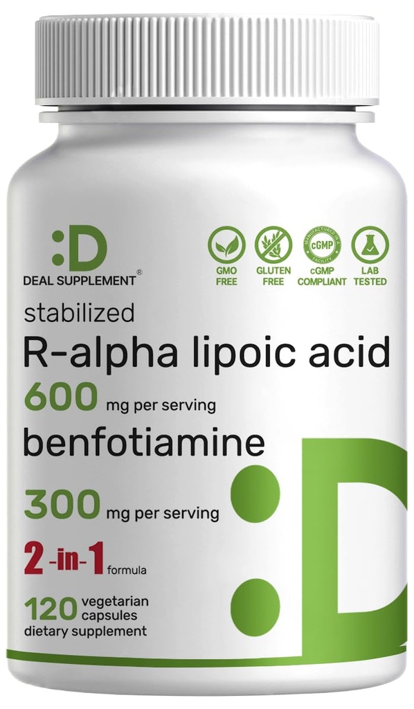 ΑΛΦΑΒΗΤΙΚΟ ΣΥΜΠΛΗΡΩΜΑ R Alpha Lipoic Acid 600mg με Benfotiamine 300mg ανά υπηρεσία, 120 κάψουλες Veggie – 200mg R-ALA ανά κάψουλα – Αντιοξειδωτικό συμπλήρωμα για την υποστήριξη της ενέργειας & του νευρικού συστήματος