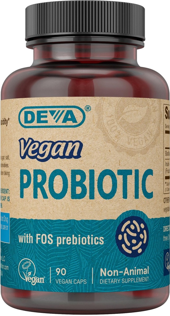 DeVA Vegan Probiotic με FOS Prebiotics Συμπλήρωμα - 2 δισεκατομμύρια CFU με 100 MG Prebiotics Per Serving για άνδρες & γυναίκες - Μη-Dairy Χωρίς γλουτένη - Φυσικά Ράφι Σταθερό - 90 κάψουλες