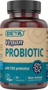 DeVA Vegan Probiotic with FOS Prebiotics Supplement - 2 δισεκατομμύρια CFU με 100 MG Prebiotics Per Serving για άνδρες & γυναίκες - Μη-Dairy Χωρίς γλουτένη - Φυσικά Ράφι Σταθερό - 90 κάψουλες