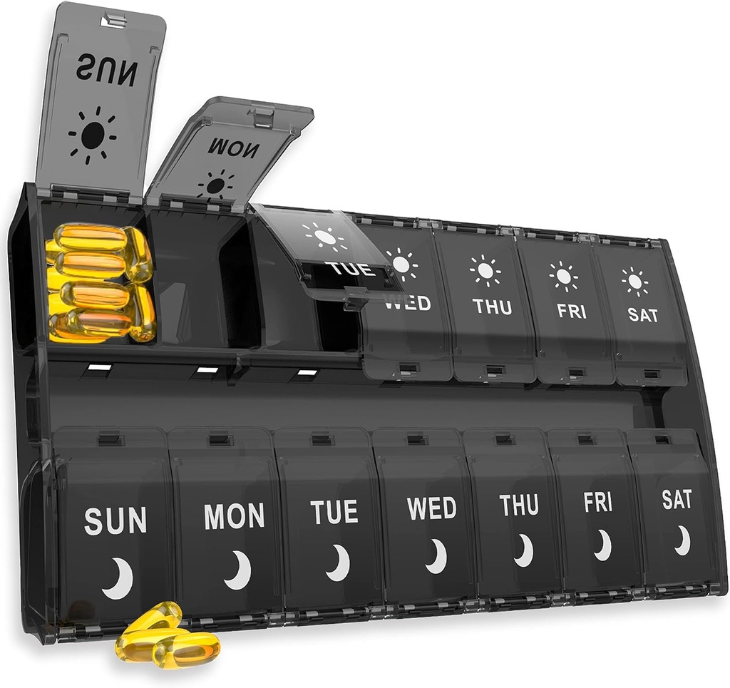 XL Big Pill Organizer 7 Day, Weekly Medicine Pill Box 2 φορές την ημέρα, Am Pm Pill υπόθεση Organizer 14 διαμερίσματα με Hinged Lids Design, Daily Box Pill Dispenser για το ιχθυέλαιο / συμπληρώματα (Μαύρο)