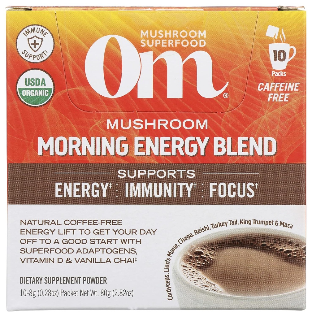 Om Mushroom Superfood Morning Energy Blend Mushroom Powder Drink, Coffee Free Energy Drink with Cordyceps, Vitamin D2, Agaricus Bisporus, Lion's Mane, Rhodiola, and Turkey Tail, 10 Count, 2.82 Oz