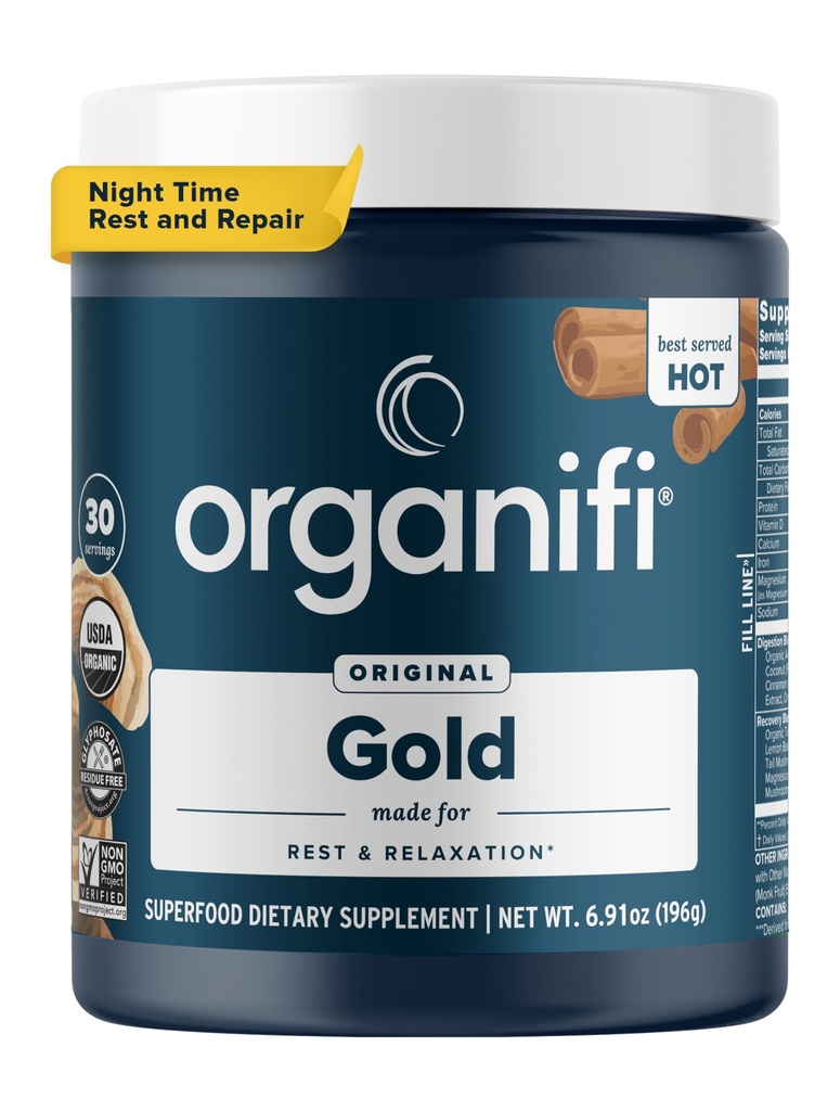 Organifi: Gold - Superfood Supplement Powder - 30 Services - Υποστήριξη στρες, καλύτερη ξεκούραση, χαλάρωση και προάγει τον ύπνο - Turmeric και Reishi εγχύεται