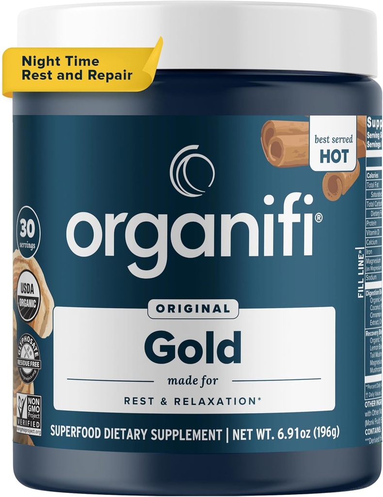 Organifi: Gold - Superfood Supplement Powder - 30 Services - Υποστήριξη στρες, καλύτερη ξεκούραση, χαλάρωση και προάγει τον ύπνο - Turmeric και Reishi εγχύεται