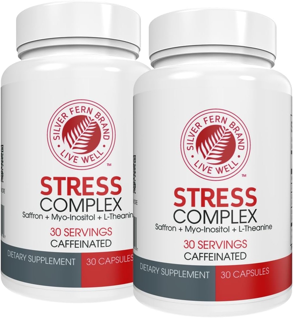 Silver Fern Stress Complex Supplement - με καφεΐνη - Ύπνο, ανησυχία, Mood & More - με συμπληρώματα Saffron, L-theanine Supplement, και Myo-inositol - Natural Stress Relief Supplement (Pack o 2)