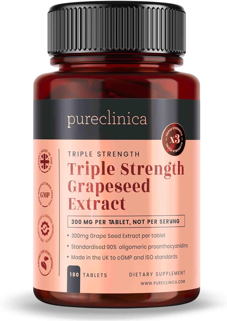 pureclinica Grape Seed Extract 300mg x 180 Tablets - 90% Oligomeric Proanthocyanidins. 300% Stronger Than Regular Grape Seed.