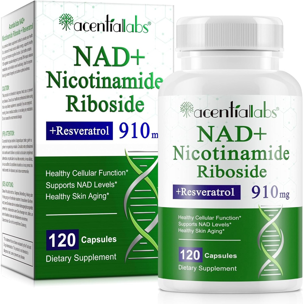 NAD Supplement, NAD Nicotinamide Riboside Resveratrol 910mg, High Purity NAD Supplement for Healthy Cellular Function, Supports NAD Levels Healthy Skin Aging Dietary Supplement 120 Capsules