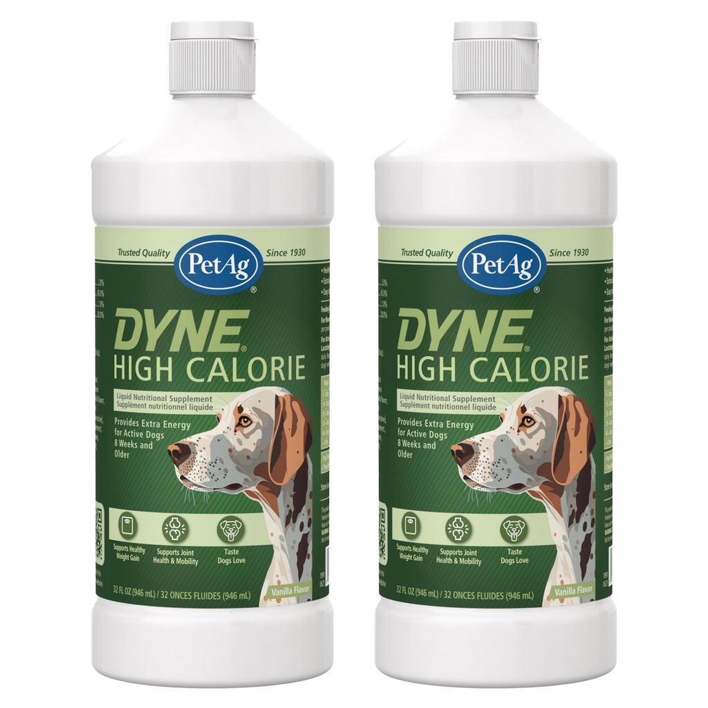 Pet-Ag Dyne High Calorie Liquid Nutritional Supplement for Dogs & Puppies 8 Εβδομάδες και Παλαιότερα - 32 oz, πακέτο των 2 - Υποστηρίζει την απόδοση και την αντοχή - γλυκιά βανίλια γεύση