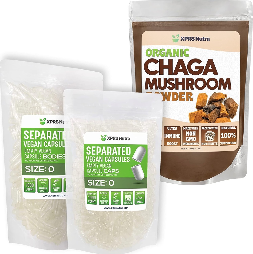 XPRS Nutra Separated Size 0 Capsules (1000 Count) with Chaga Powder (8 Ounce) Bundle