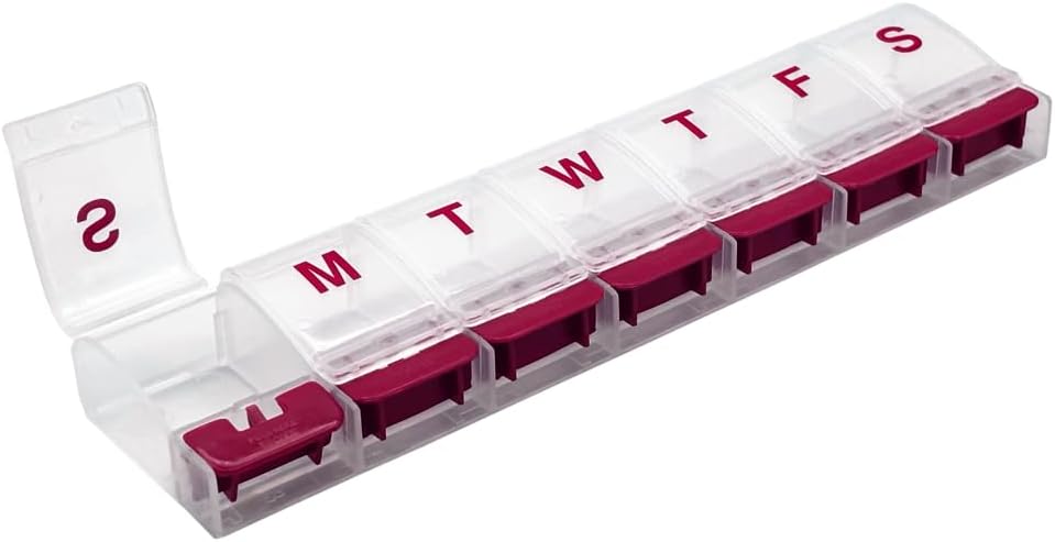 EZY DOSE Weekly (7-Day) AM/PM Καθημερινή Push Push Pill Organizer, περίπτωση βιταμίνης, και Medicine Container, X-Large Διαμερίσματα, Αρθρίτιδα Φιλικό, βολικό και εύκολο στη χρήση, σαφές / κόκκινο, BPA Δωρεάν