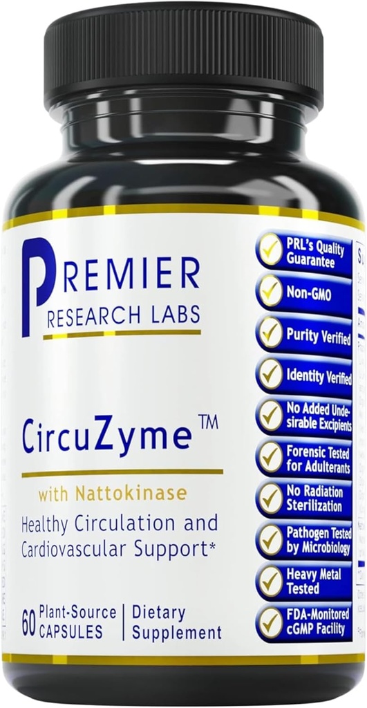 Premier Research Labs CircuZyme - Συμπληρώματα κυκλοφορίας αίματος Υποστήριξη ροής αίματος & αγγειακή υποστήριξη με Diosmin, Cayenne & Nattokinase, για άνδρες και γυναίκες - 60 κάψουλες χορτοφάγων