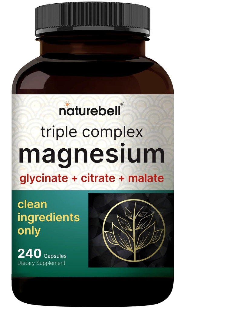 NatureBell Magnesium Complex for Women & Men 1,000mg Per Serving – 240 Capsules – Triple Magnesium Complex with Glycinate, Citrate & Malate – Chelated & Purified – Non‑GMO, Filler Free