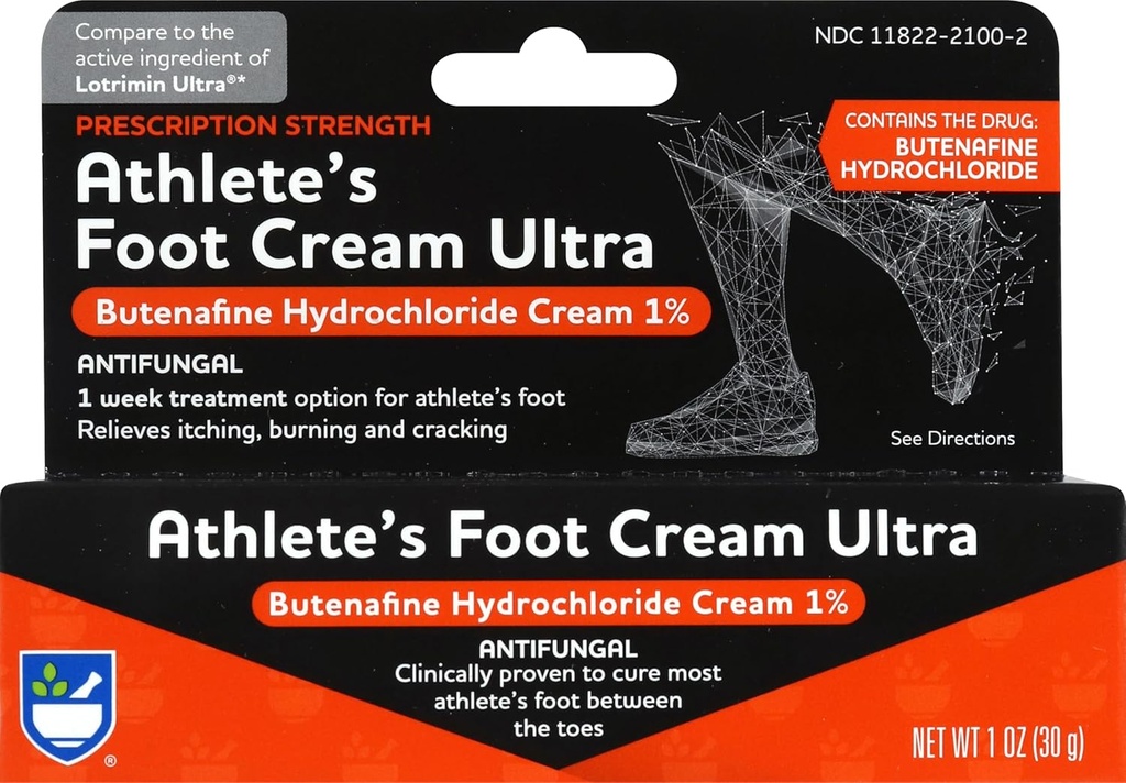 Rite Aid Prescription Strength Foot Care Butenafine Cream - 1 oz, Antifungal Cream, Jock Itch Treatment, Treats Athlete's Foot Cream Extra Strength