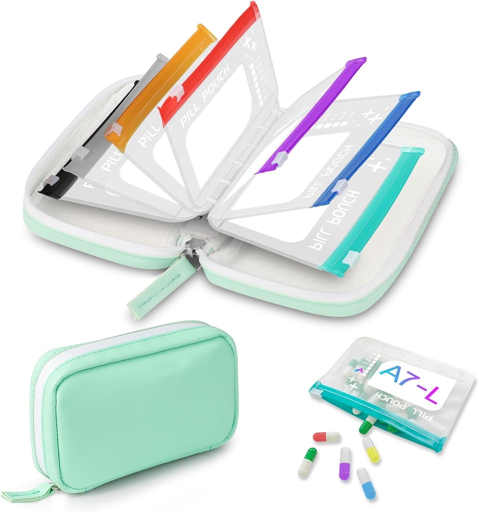 A7-L Water-Proof Pill Pouch Set, Big Pill Organizer, BPA Free, A7-L Pill Loose-Leaf Storage with Color-Coded Medicine Pouches, Reuseable Travel Medicine Organizer, Zippered Pill Organizers Weekly