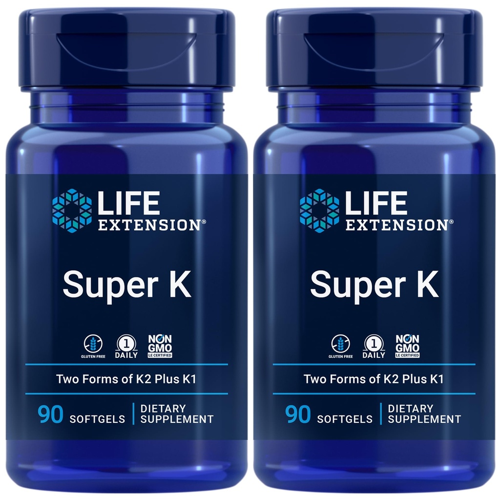 Επέκταση ζωής Super K, Βιταμίνη K1, Βιταμίνη K2 mk-7, Βιταμίνη K2 mk-4, Βιταμίνη C, Οστό/Καρδιά/Αρτηριακή Υγεία, 3-μηνη προσφορά, Χωρίς γλουτένη, 1 Καθημερινή, Μη ΓΤΟ, 90 softgels (πακέτο του 2)
