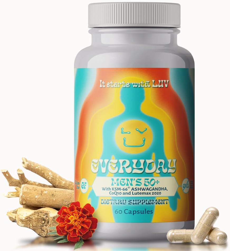 LUV EverydayTM Πολυβιταμίνη ανδρών 50+ - Adult Formula Καθημερινή διατροφική υποστήριξη με σίδηρο, ασβέστιο, KSM-66 Ashwaganda, CoQ10, λυκοπένιο, και Lutemax 2020- Χορτοφαγική γλουτένη χωρίς & μη ΓΤΟ - 60 κάψουλες