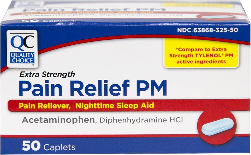 Quality Choice Extra Strength Pain Relief PM, Pain Reliever and Nighttime Sleep Aid, Acetaminophen 500 mg & Diphenhydramine HCI 25 mg (Sleep Aid), 50 Count Package of Caplets