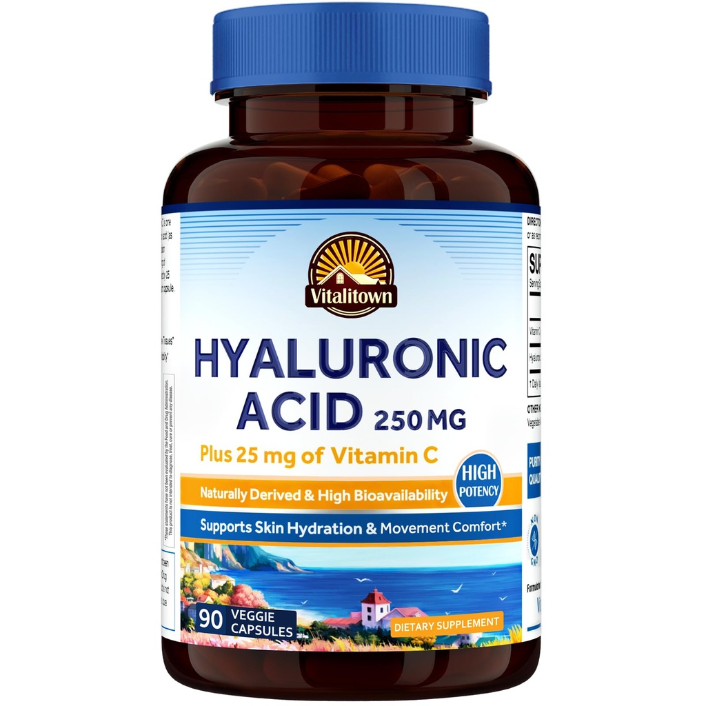 Vitalitown Hyaluronic Acid Συμπληρώματα 250 mg, Plus 25 mg Βιταμίνη C, Φυσικά Παράγωγη & Υψηλή βιοδιαθεσιμότητα, ενυδάτωση του δέρματος, 90 κάψουλες Vegan, 3 μήνες προσφοράς