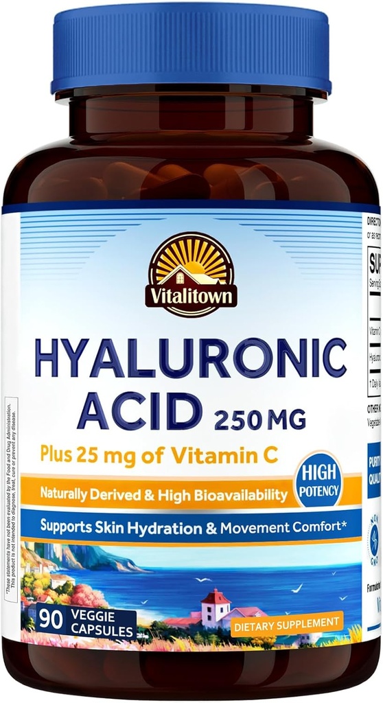 Vitalitown Hyaluronic Acid Συμπληρώματα 250 mg, Plus 25 mg Βιταμίνη C, Φυσικά Παράγωγη & Υψηλή βιοδιαθεσιμότητα, ενυδάτωση του δέρματος, 90 κάψουλες Vegan, 3 μήνες προσφοράς