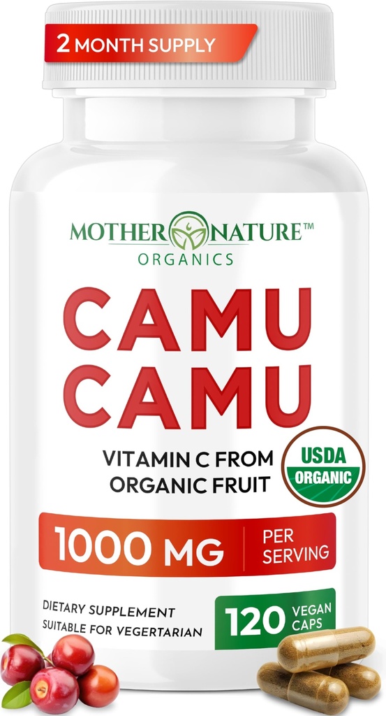 Βιολογική βιταμίνη C από κάψουλες Camu Camu 1000mg, Συσκευασμένα με φυσικό VIT C, Ακατέργαστα Αντιοξειδωτικά - Συμπλήρωμα Υποστήριξης Ανοσοποιητικών & Αντιγηραντική για το δέρμα - Βιολογική σκόνη, Vegan, Μη ΓΤΟ (120 Count)