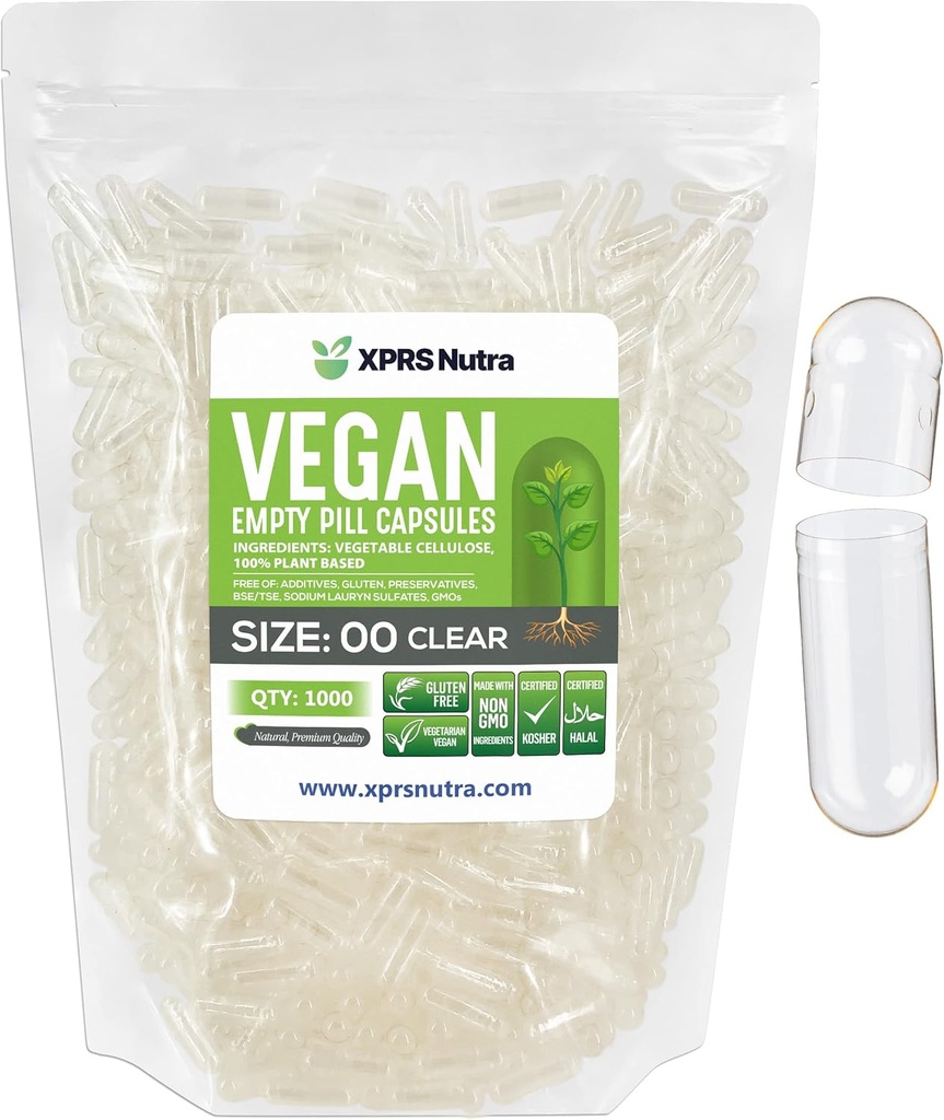 XPRS Nutra Μέγεθος 00 Κενές κάψουλες - 1000 Clear Count Empty Vegan Κάψουλες - Χορτοφαγικά Κενά Χάπια - DIY Καψάκιο Φυτικών Γέμισμα - Veggie Καπάκια Χάπια