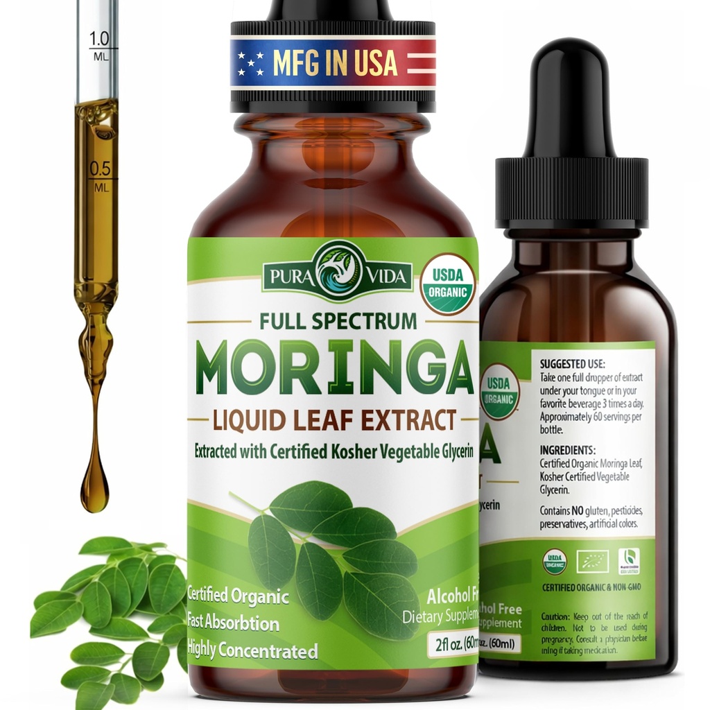 PURA VIDA MORINGA Leaf Extract Liquid Drops - USDA Organic Certified - Εξαιρετικά καθαρό, βιοδιαθέσιμο και ταχύτερη απορρόφηση από Moringa σκόνη ή κάψουλες - Ενιαία προέλευση Moringa Oleifera Φύλλα εκχύλισμα
