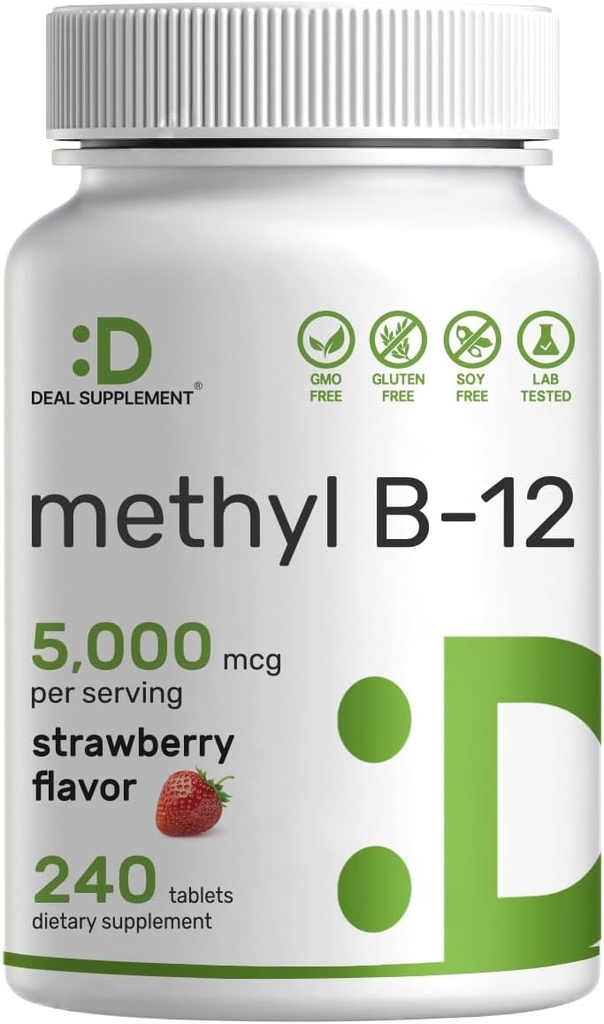 DEAL SUPPLEMENT Methyl B-12 Vitamins 5000 mcg, 240 Chewable Tablets | Active Form - Strawberry Flavored - Energy Support & Brain Health Function - Vegetarian & GMO Free