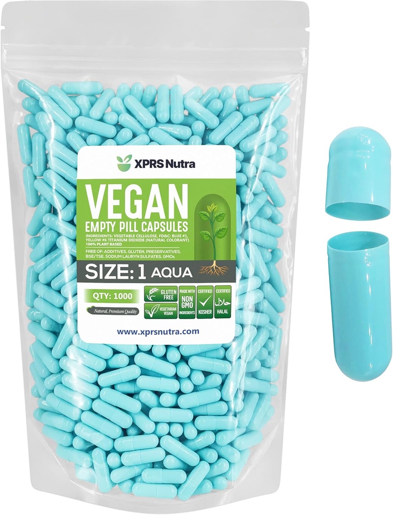 XPRS Nutra μέγεθος 1 άδεια κάψουλες - 1000 Count Empty Vegan κάψουλες - χορτοφαγικά χάπια - DIY κάψουλες λαχανικών πλήρωσης- Veggie χάπια για Do-It-Yourself συμπληρώματα (Aqua)