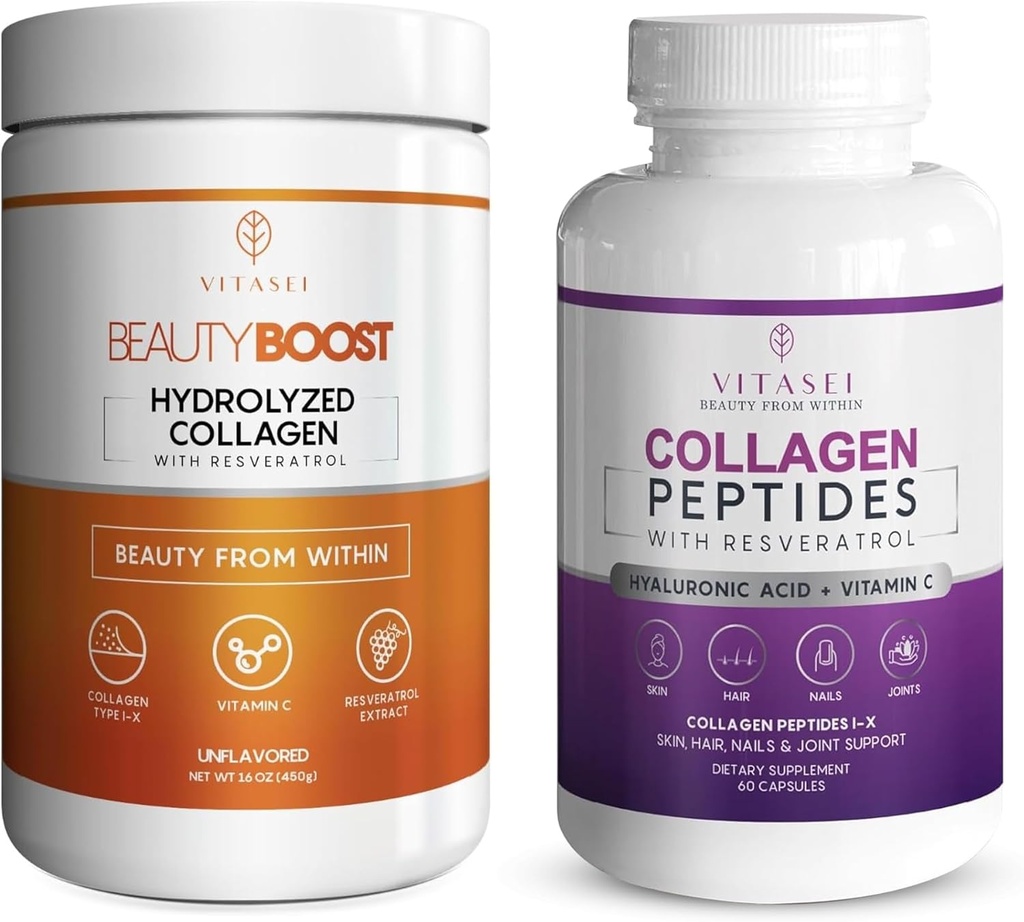 VITASEI Collagen Wellness Bundle – Hydrolyzed Collagen Peptides Peptides σε σκόνη & κολλαγόνο Peptide κάψουλες με βιταμίνη C & ρεσβερατρόλη – Υποστήριξη για τα μαλλιά, το δέρμα, τα νύχια, τα οστά, & αρθρώσεις