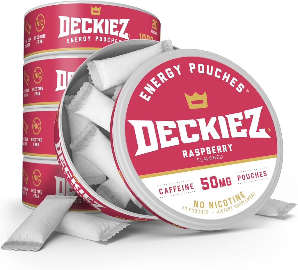 Deckiez Energy Pouches, 5 Cans (100 σερβιρίσματος), Sugar Free Caffeine Supplement, Coffee Pouches & Energy Drink Alternative, 50mg Caffeine Pouchs, Raspberry Flavor