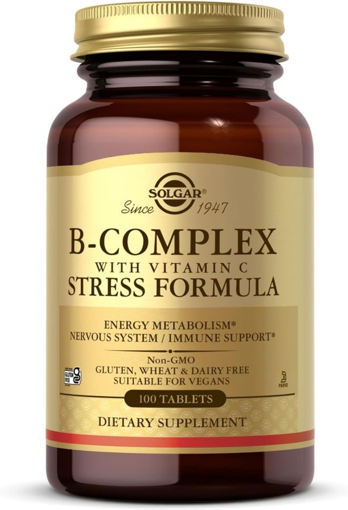 Solgar B- Complex με Βιταμίνη C - 100 δισκία - Μη ΓΤΟ, Vegan, Kosher & Gluten Free - 50 σερβιρίσματα