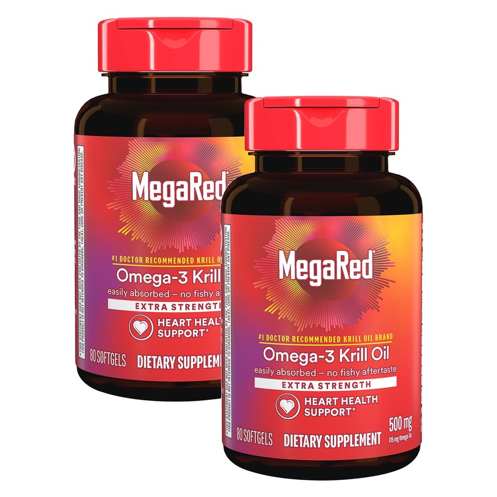 MegaRed Extra Strength 500mg Omega-3 Krll Συμπλήρωμα λαδιού με EPA/DHA, Δεν Fishy Επίγευση Υποστηρίζει την υγεία της καρδιάς, 80 Count Softgels (2 Pack)