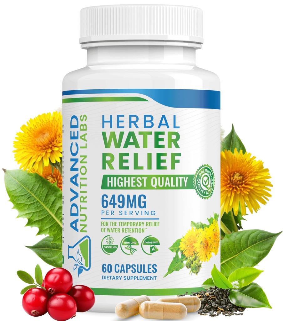 Herbal Water Relief Diuretic Water Pills for Water Retention, Bloating, Swollen Legs, Feet - Dandelion Extract Supplement - Water Retention Loss - Diuretics for Women & Men - 60 Capsules