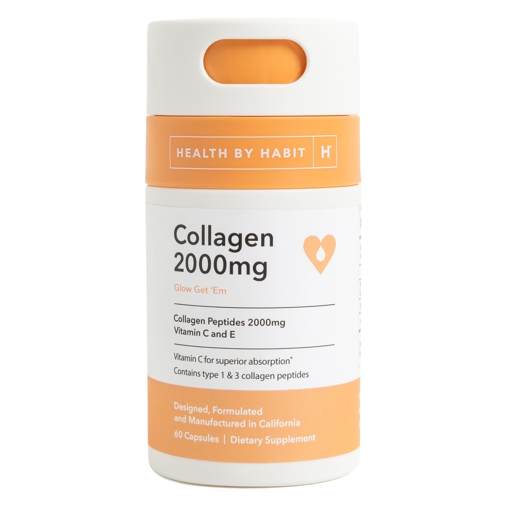 Health by Habit Collagen Supplement (60 Κάψουλες) - Βιταμίνη C & Βιταμίνη E, 2000mg, Κολλαγόνο Πεπτίδια, Ανώτερη Απορρόφηση, Υποστηρίξτε το δέρμα σας, Μη ΓΤΟ, Χωρίς Ζάχαρη (1 Συσκευασία)