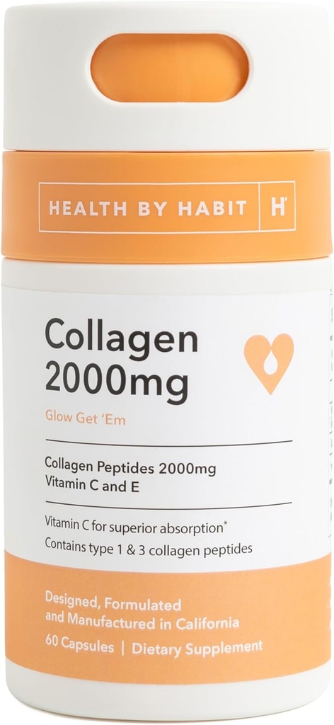 Health by Habit Collagen Supplement (60 Κάψουλες) - Βιταμίνη C & Βιταμίνη E, 2000mg, Κολλαγόνο Πεπτίδια, Ανώτερη Απορρόφηση, Υποστηρίξτε το δέρμα σας, Μη ΓΤΟ, Χωρίς Ζάχαρη (1 Συσκευασία)