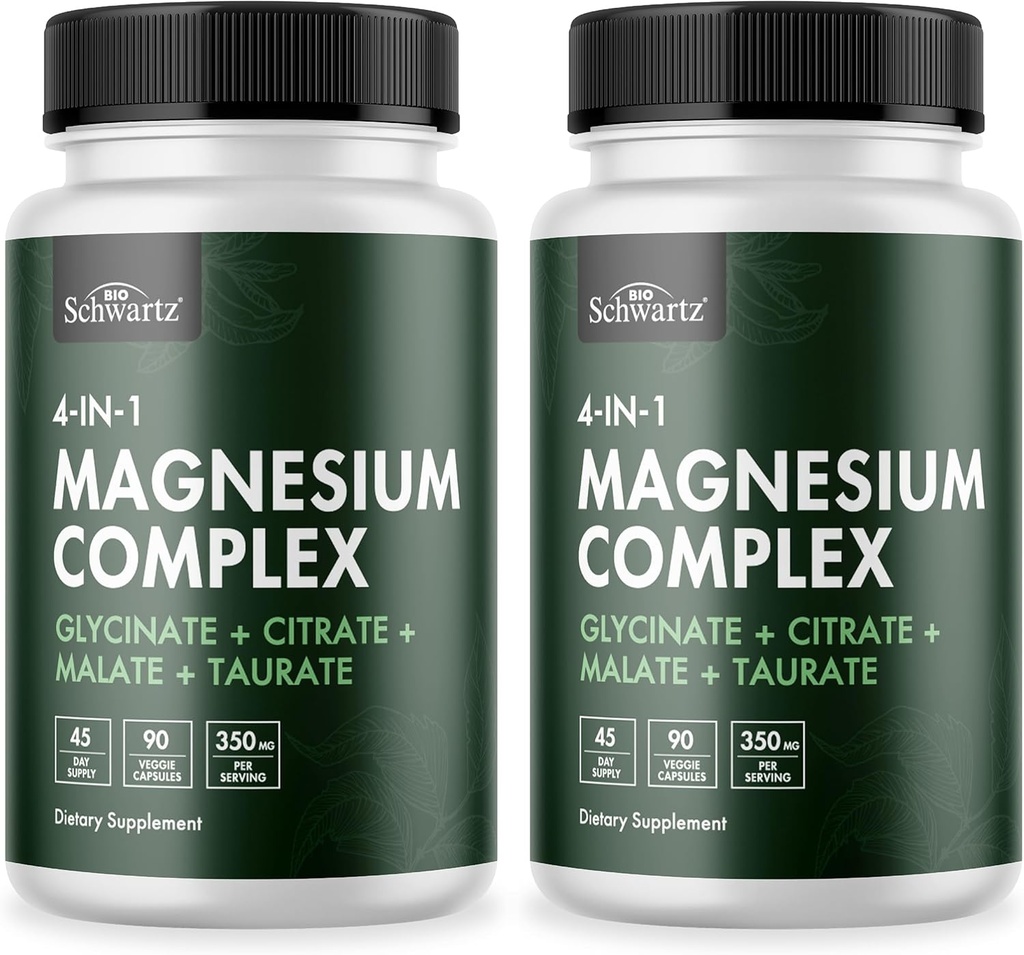 BioSchwartz Magnesium Complex Supplement (2 Pack) 350mg Μαγνήσιο Γλυκινικό Κιτρικό Κακό και Ταυρικό Ανά υπηρεσία για υγιή νεύρα Μυς Υποστήριξη για τον Ύπνο της Καρδιάς (Vegan, Χωρίς Γλουτένη, Μη ΓΤΟ)