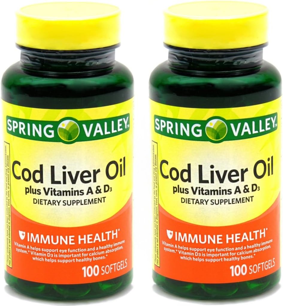 Spring Valley - Cod Liver Oil με βιταμίνη Α & D 100 softgels (πακέτο των 2)
