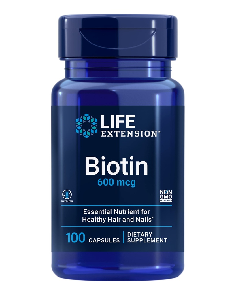 Επέκταση ζωής Biotin 600 mcg Βιταμίνη B7 συμπλήρωμα υποστήριξης για όμορφα μαλλιά, νύχια και πέρα – Χωρίς γλουτένη, μη GMO - 100 κάψουλες