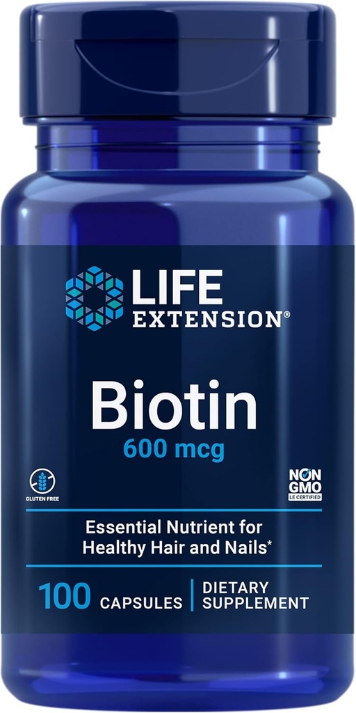 Life Extension Biotin 600 mcg Vitamin B7 Support Supplement for Beautiful Hair, Nails & Beyond – Gluten-Free, Non-GMO - 100 Capsules