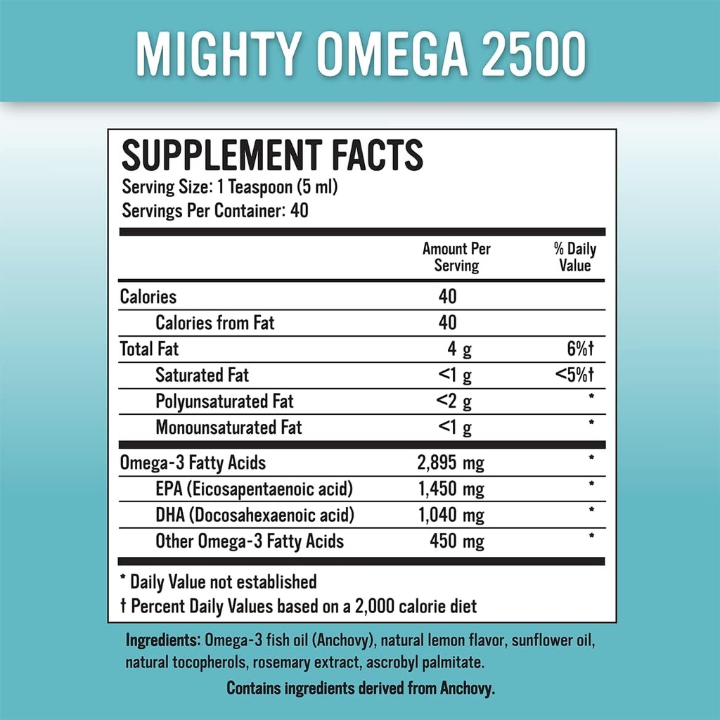 Mighty Omega 2500 Potent Omega 3 συμπλήρωμα - 2500 MG EPA DHA ανά Teaspoon - Υψηλή δόση Omega 3 ιχθυέλαιο - Νότιος Ειρηνικός γαύρος πηγάζει - Τριγλυκερίδια Omegas 3 συμπλήρωμα λιπαρών οξέων