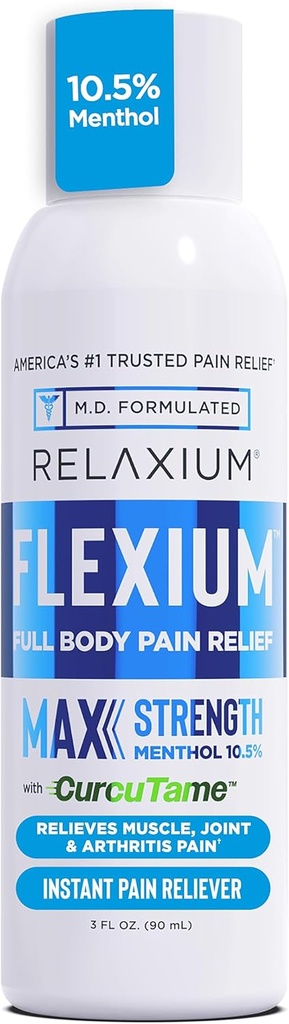Relaxium Flexium Instant Spray for Pain, Max Strength with 10,5% Menthol & CurcuTame, Υποστηρίζει τους μυς, την αρθρίτιδα και την ανακούφιση του πόνου, 3 FL oz. (90 ml)
