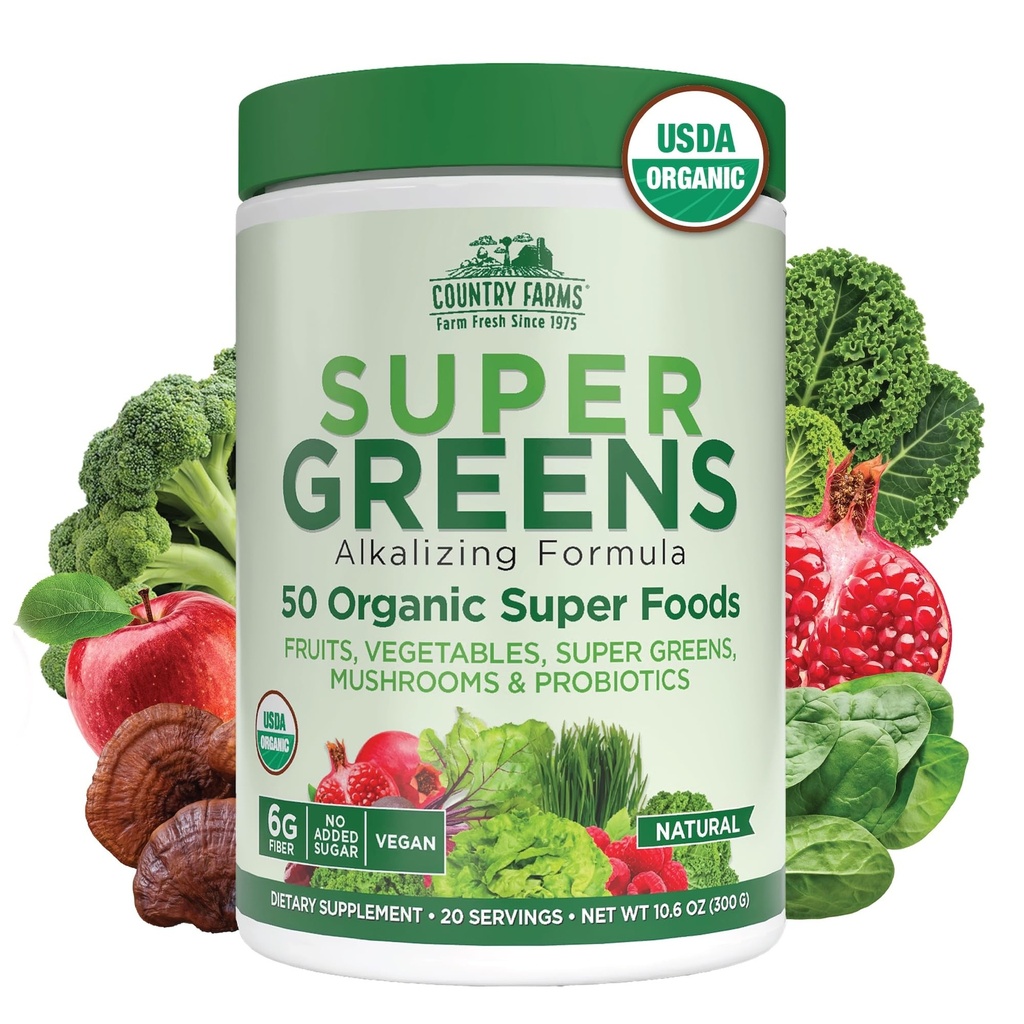 Χώρα Αγροκτήματα Βιολογικά Super Greens Φυσικό Γεύση, 50 Βιολογικά Super Foods, Συσκευασμένα με Ίνες, USDA Βιολογικό Μείγμα Ποτών, Φρούτα, Λαχανικά, Μανιτάρια & Προβιοτικά, Υποστήριξη Ενέργειας, 6g Fiber
