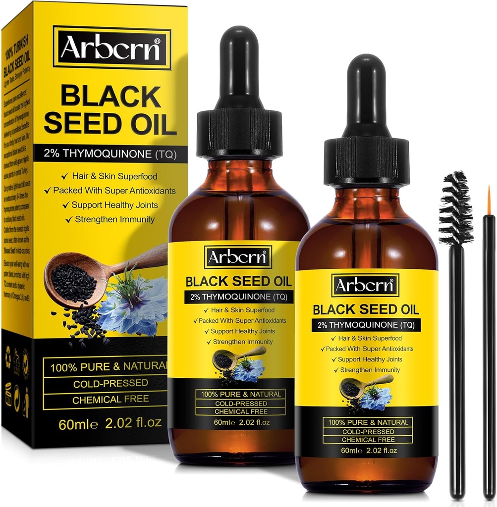 2 Pack Black Seed Oil Organic Cold Pressed,100% Pure & Natural Liquid Black Seed Oil Cold Pressed Glass Bottle 60ML for Skin Cares, Nourishes and Hydrates Hair